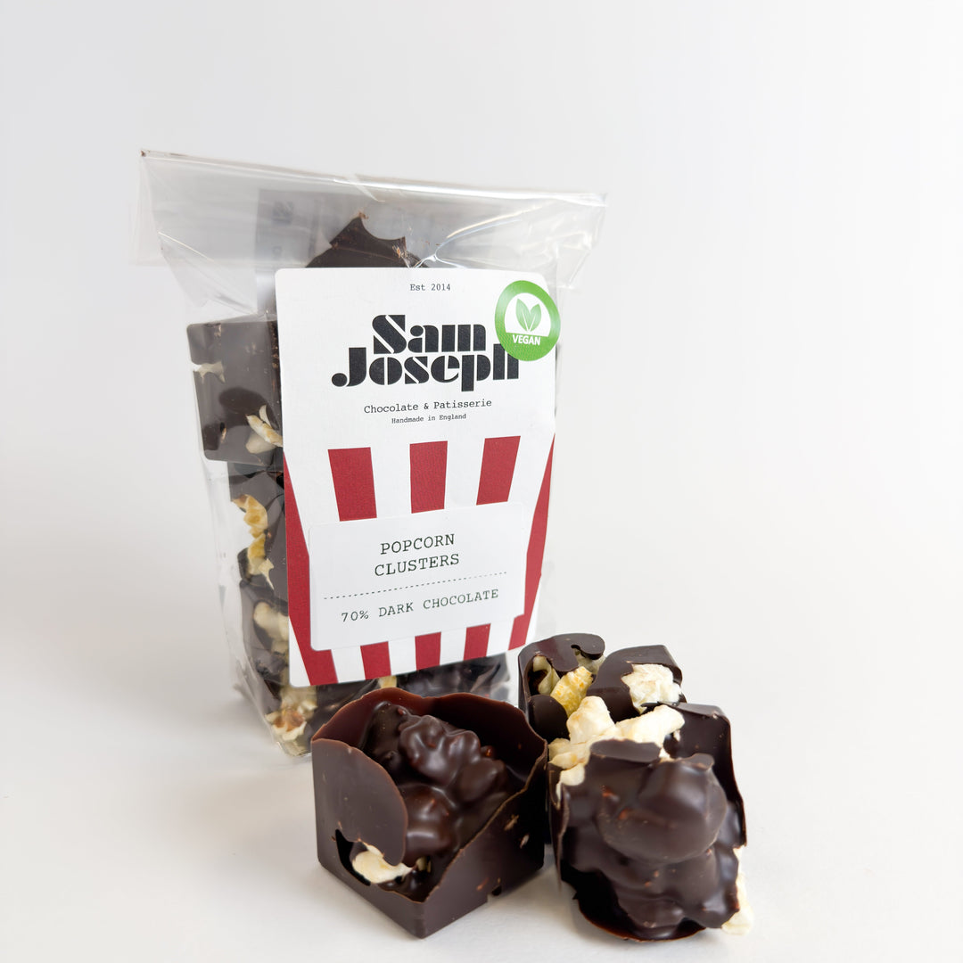 Dark chocolate popcorn clusters
